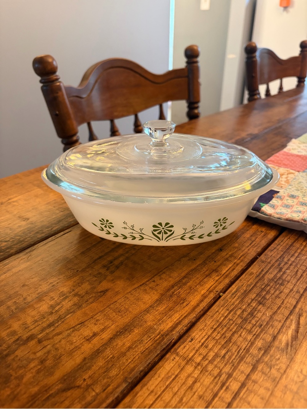 Floral design Glasbake Casserole Dish with Green Lid Pyrex